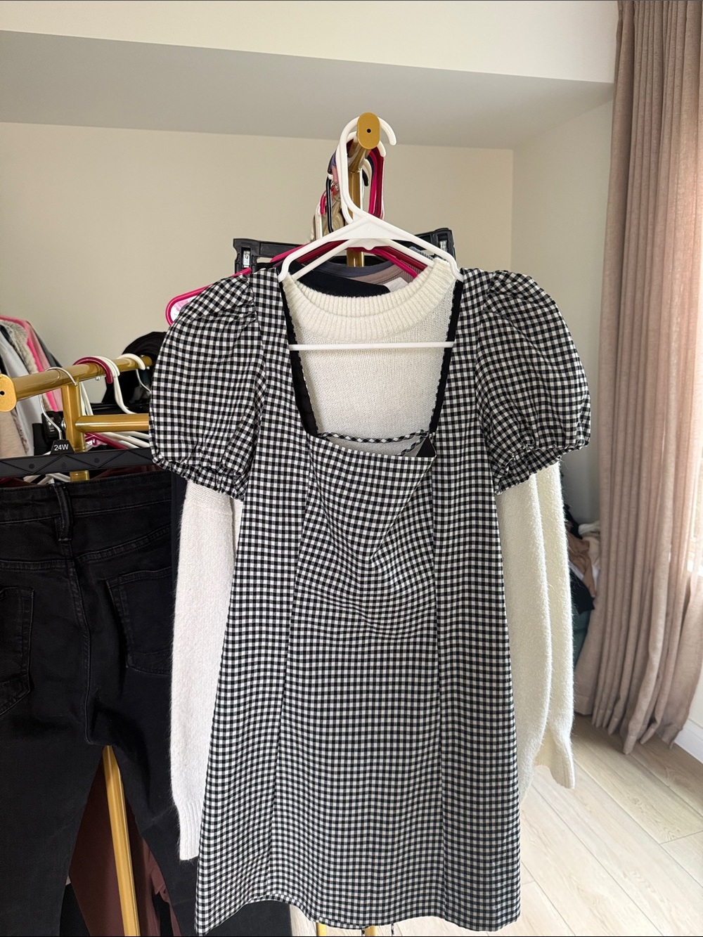 Zara Black and White Gingham Mini Dress with Puff Sleeves